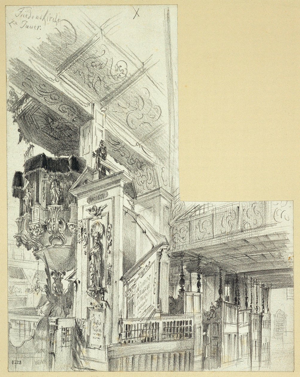 Interieur met preekstoel van de Vredeskerk in Jawor door Adolph Menzel