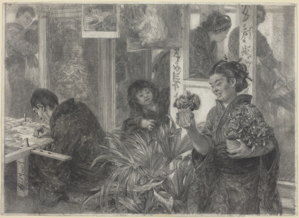 Een Japanse kunstenaar aan het werk door Adolph Menzel