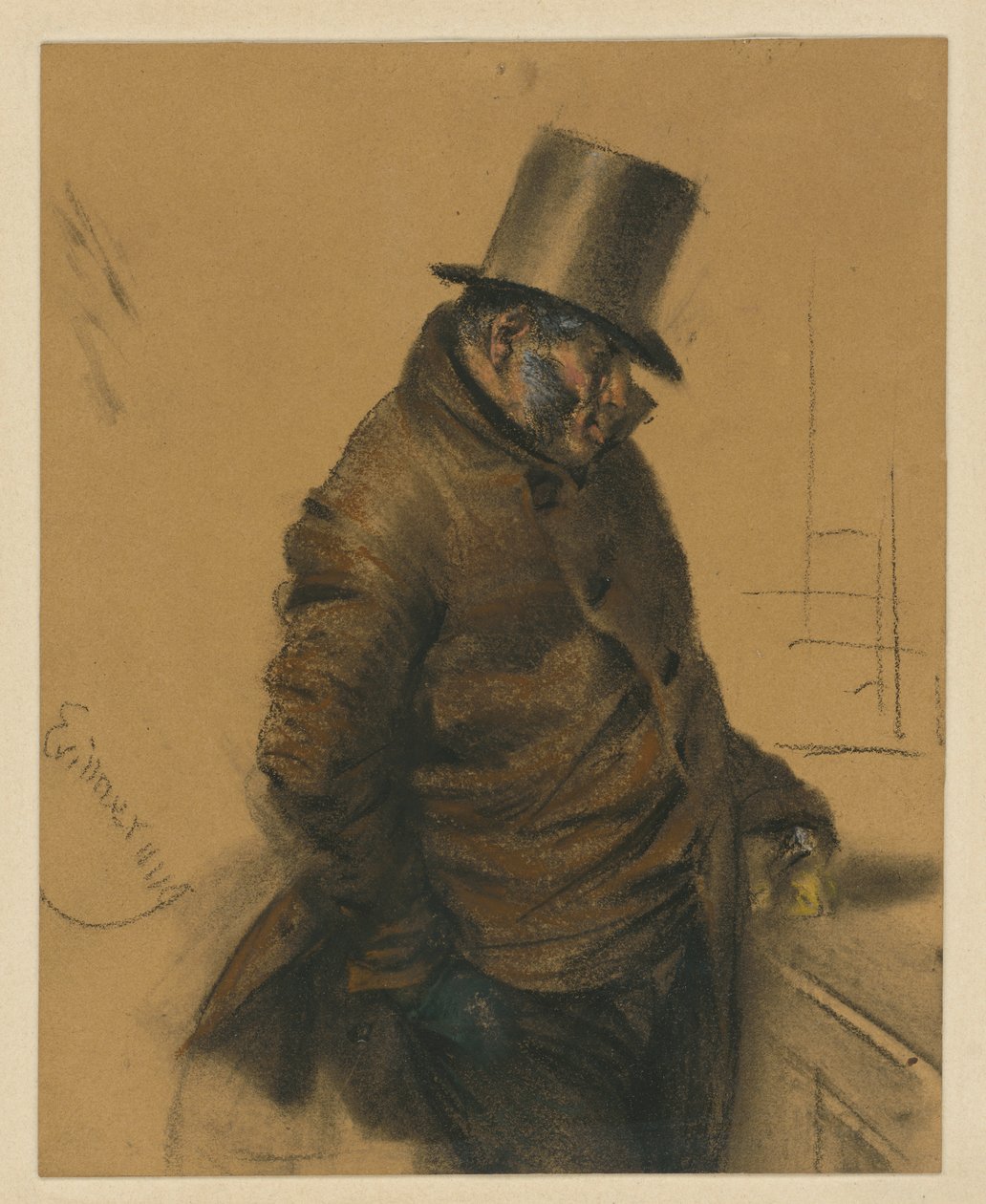 Een joodse man met een hoge hoed, staande aan de toonbank en aan het betalen door Adolph Menzel