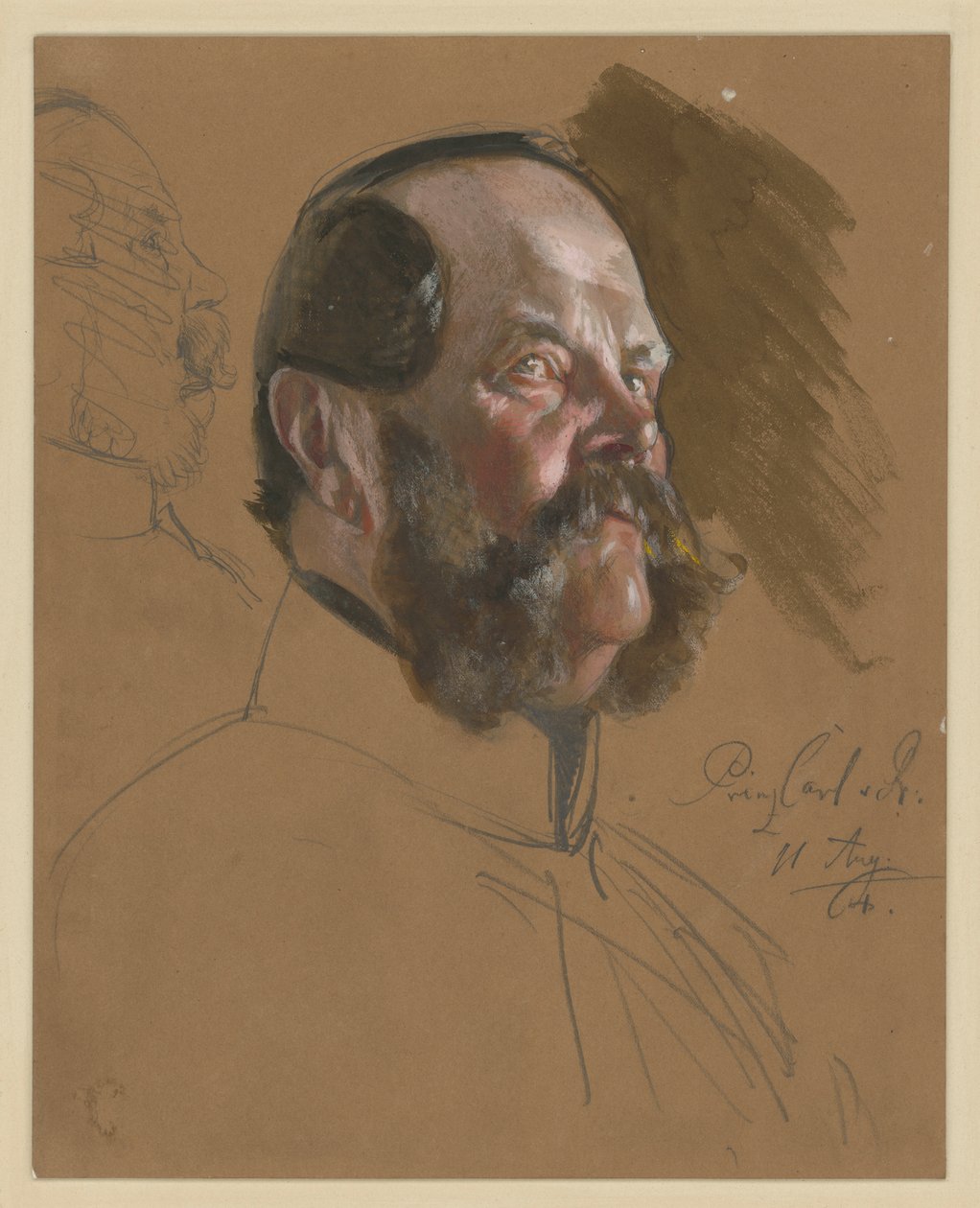 Karel, prins van Pruisen, borstbeeld, driekwartprofiel naar rechts in onderaanzicht, links: gezicht in profiel naar rechts (doorgestreept), portretstudie voor "