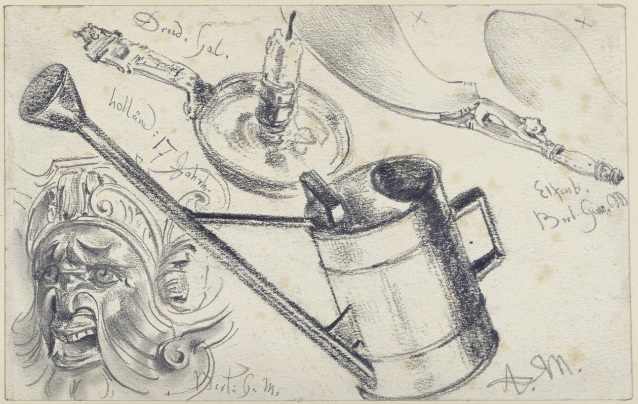 Kandelaar uit de Galerie in Dresden, voorwerp van ivoor (schoenlepel) en masker uit het Kunstgewerbemuseum in Berlijn, evenals een gieter door Adolph Menzel