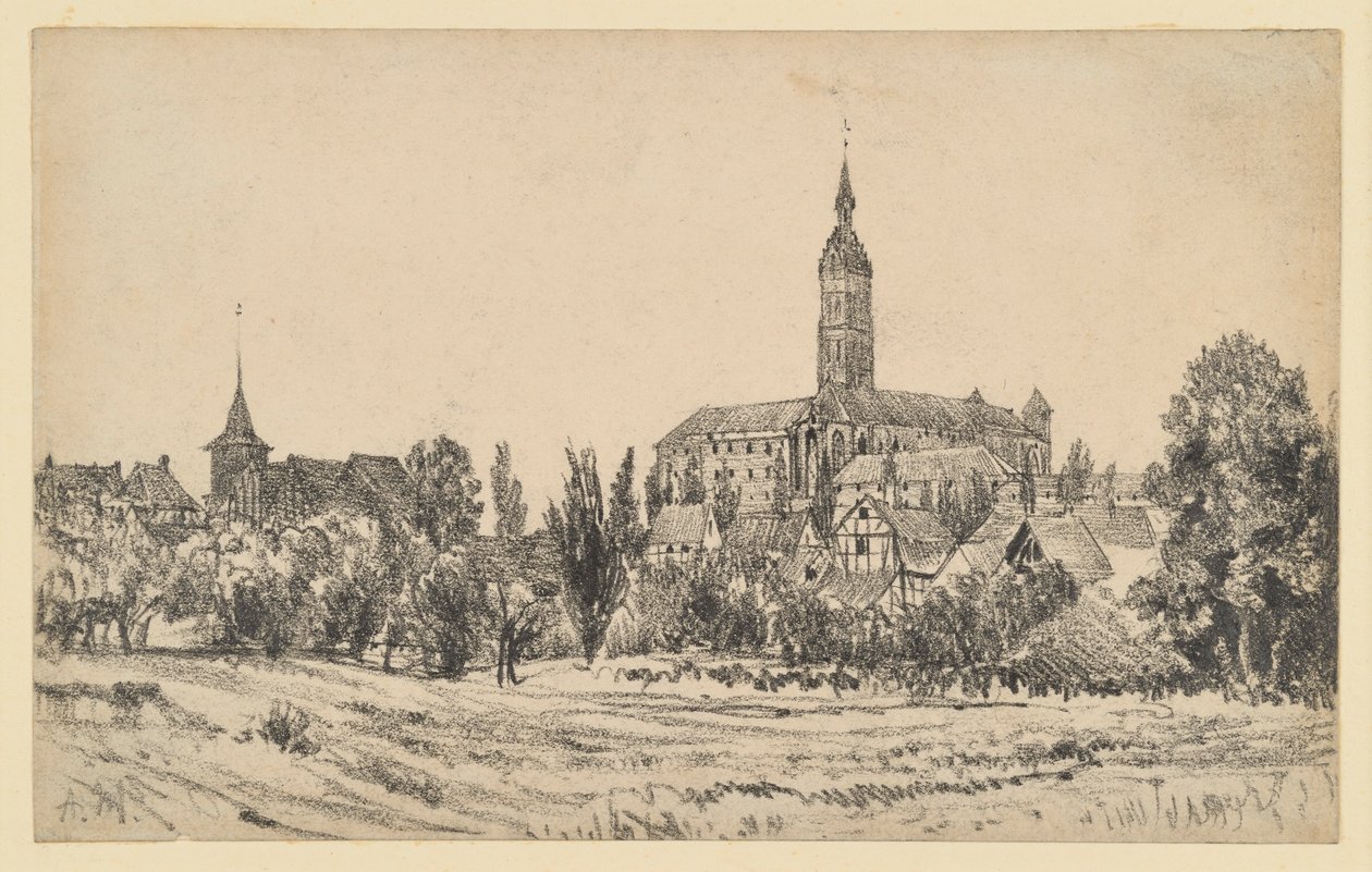 Een klein stadje met een hoge kerktoren door Adolph Menzel