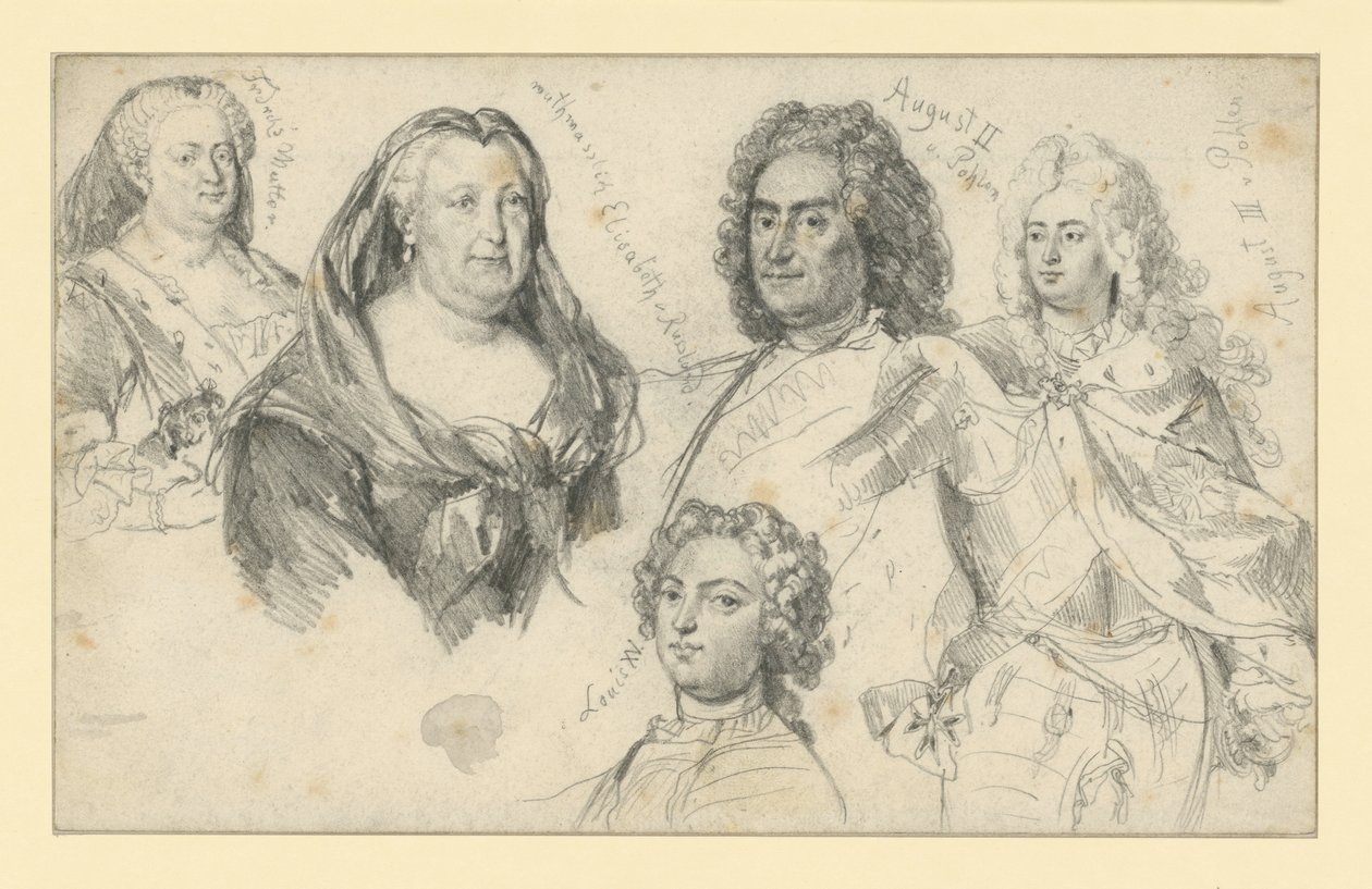 Koningin Sophia Dorothea van Pruisen, keizerin Elisabeth van Rusland, koning Augustus II van Polen, koning Augustus III van Polen, Lodewijk XV van Frankrijk door Adolph Menzel