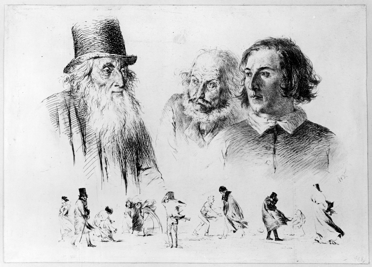 Hoofd- en figuurstudies, blad 2 uit de serie "Radir-experimenten" door Adolph Menzel