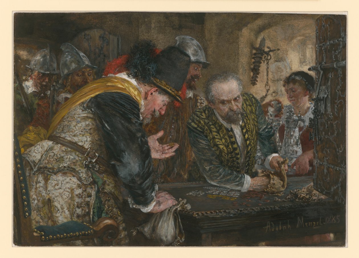 Contributie, soldaten - links hun kapitein - ontvangen geld en zilver van een oudere man door Adolph Menzel