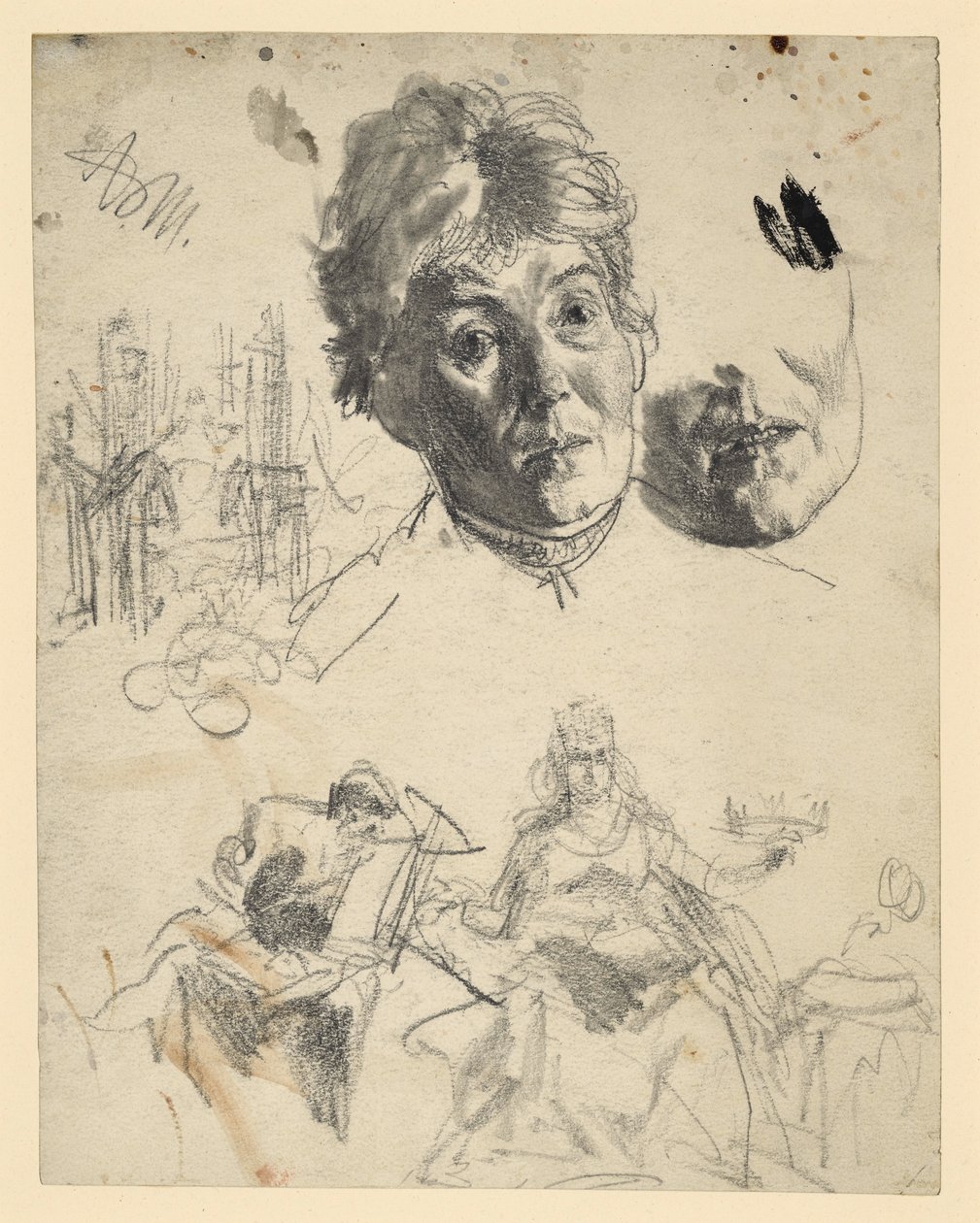 Hoofd van een oudere vrouw, waarbij het kin-gedeelte herhaald wordt, architectonische schets, figuratieve schets voor een allegorie door Adolph Menzel