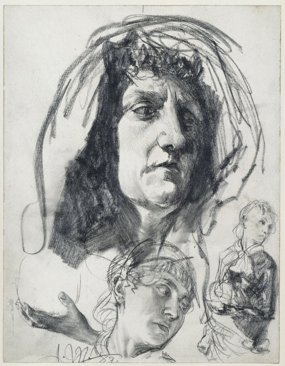 Hoofd van een oudere vrouw met een sjaal, studies van een jongere vrouw met een bolhoed. Modelstudies voor de „Piazza d