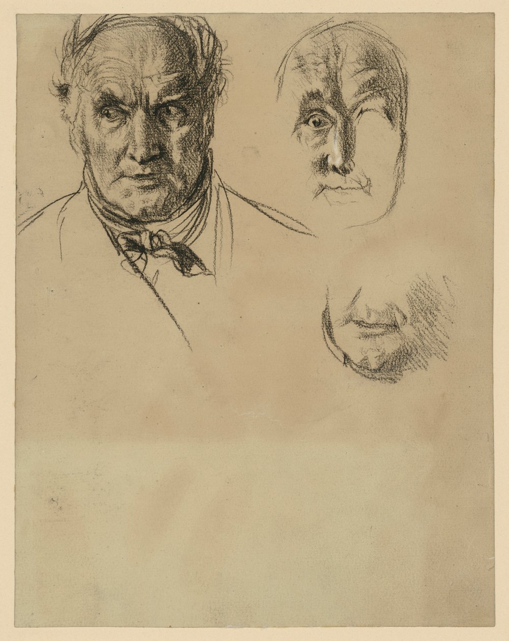 Hoofd van een oudere man met een halsdoek en twee detailstudies van het gezicht door Adolph Menzel