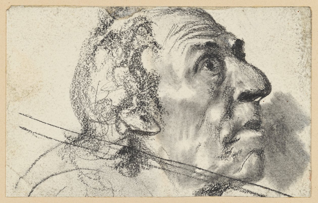 Het hoofd van een oude man, die verbaasd naar rechts opkijkt door Adolph Menzel