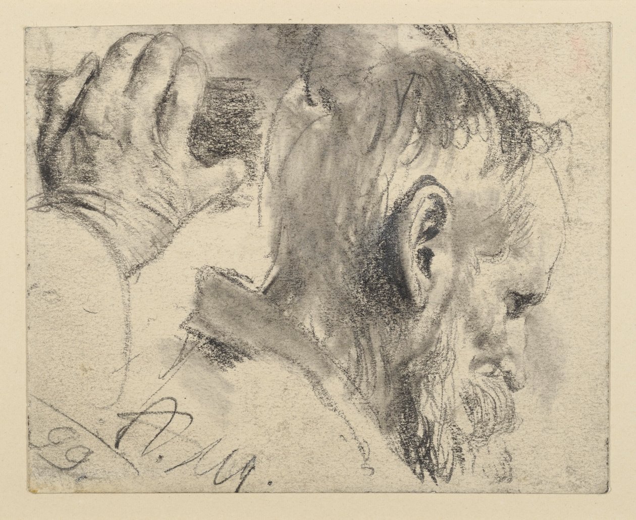 Het hoofd van een man met een baard, enigszins gebogen, naar rechts, en zijn rechterhand door Adolph Menzel