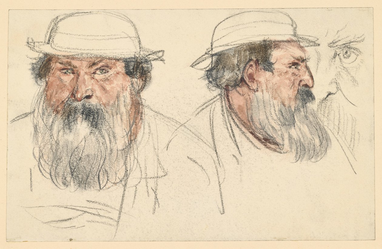 Hoofd van een man met een baard in twee schetsen door Adolph Menzel