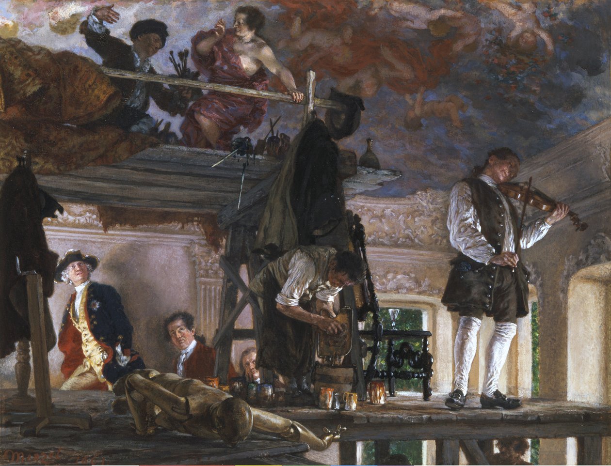 Kroonprins Frederik bezoekt de schilder Pesne op de steiger in Rheinsberg door Adolph Menzel