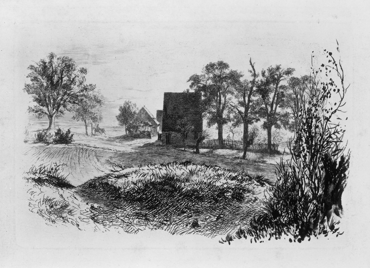 Landschap met drie hutten door Adolph Menzel