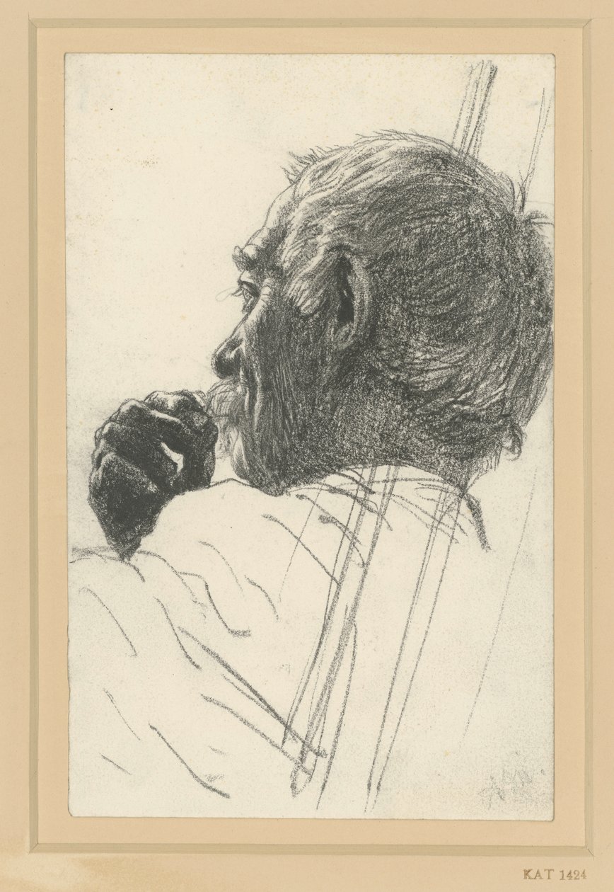 Studie van een mannenhoofd en -hand, overlappend profiel naar links door Adolph Menzel