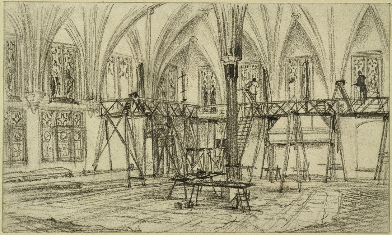 Schilders op steigers in de zomerrefter van kasteel Marienburg door Adolph Menzel
