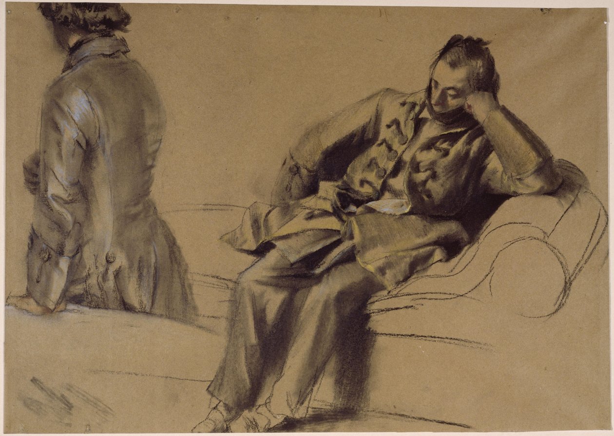 Een man in een jas met veters zit op de bank, een tweede loopt voorbij door Adolph Menzel