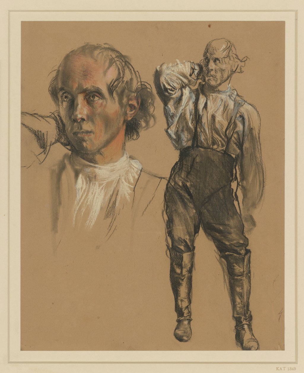 Man in hemd, broek en hoge laarzen, en face staand, met de rechterhand aan de nek, blik naar links, links: grotere kopstudie door Adolph Menzel
