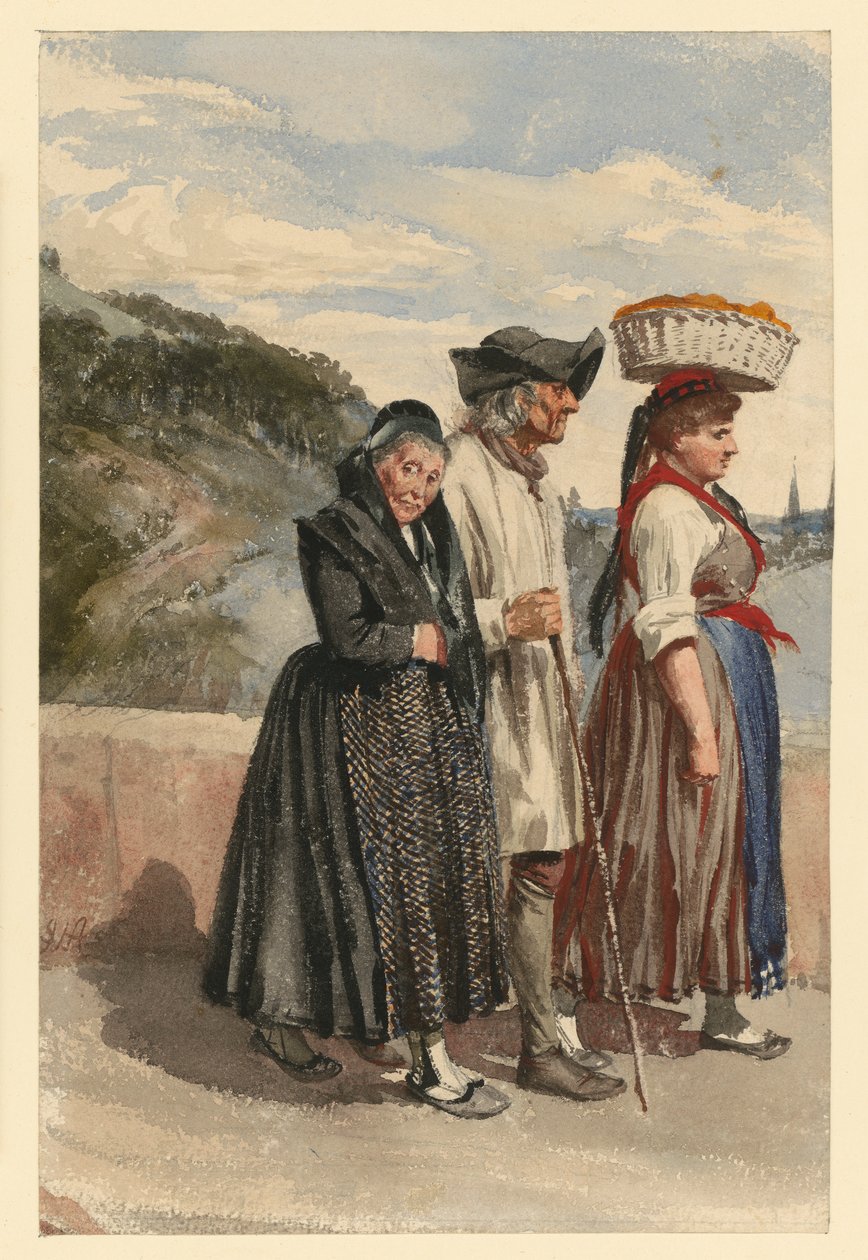 Boeren uit Marburg op de Lahnbrug door Adolph Menzel