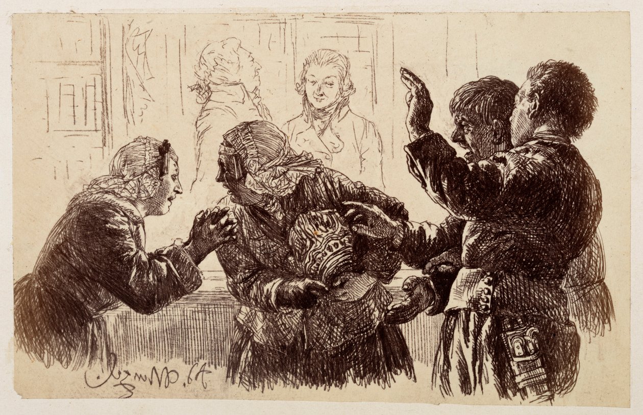 Marthe, met de scherven van de kruik in haar armen, staat tussen Veit en Ruprecht in, terwijl Eve haar moeder smeekt af te zien van haar klacht, naar Heinrich von Kleist, „De gebroken kruik“ door Adolph Menzel