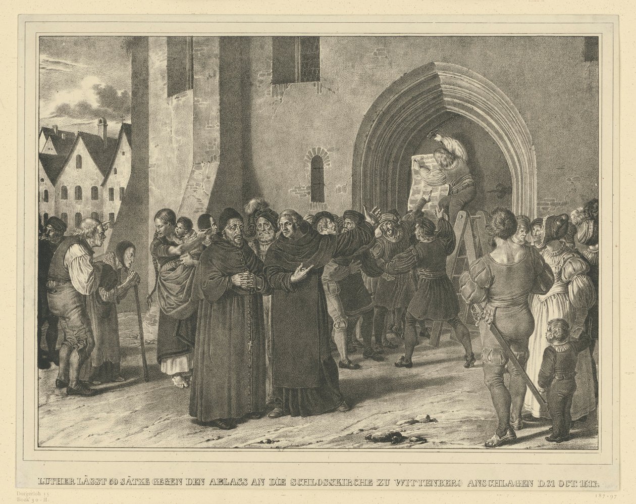 Op 31 oktober 1517 laat Martin Luther zijn 95 stellingen tegen de aflaat aan de slotkerk van Wittenberg spijkeren door Adolph Menzel