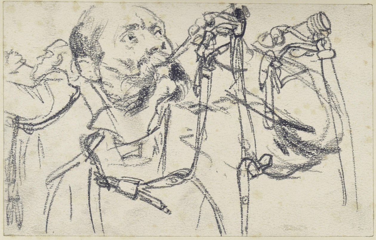 Model van de jachthoorn die wordt geblazen bij de smaragdgroene jachtwapenuitrusting van Johann Georg I van Saksen, in drie aanzichten, Historisch Museum, Dresden door Adolph Menzel
