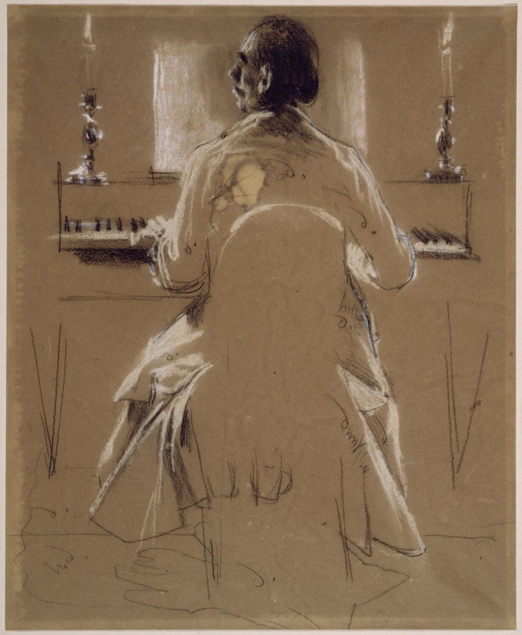 Modelstudie (Menzels broer Richard) voor Philipp Emanuel Bach aan de piano of de hamervleugel. Voorstudie voor het schilderij „Het fluitconcert van Frederik de Grote in Sanssouci“ door Adolph Menzel