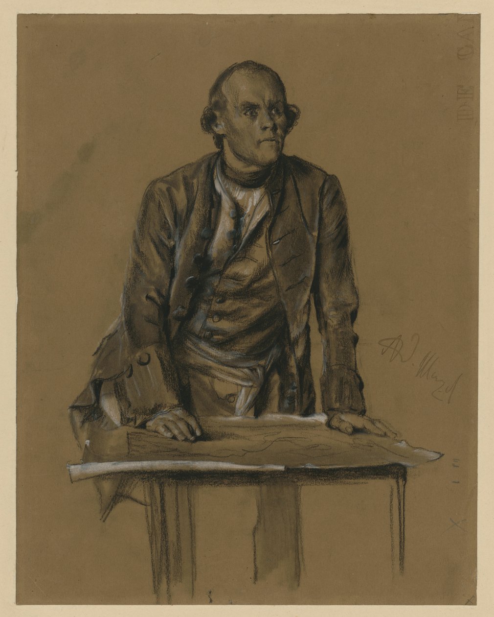 Modelstudie van prins Heinrich van Pruisen, half figuur in vooraanzicht, voorovergebogen over een tafel, „Uit de tijd van koning Frederik. Helden van oorlog en vrede”, 1856 (zie Bock 1071) door Adolph Menzel