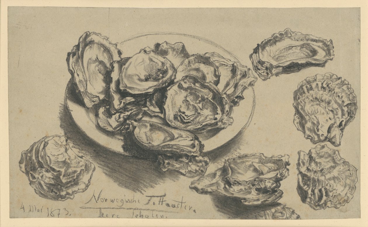 Noorse vette oesters, lege schelpen door Adolph Menzel