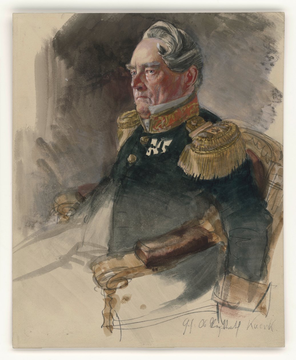Hoogste regeringsraad Knerk, borstbeeld naar links, driekwartprofiel, met vermelding van de afgebeelde persoon, portretstudie voor het schilderij „De kroning van Wilhelm I in Königsberg“ door Adolph Menzel