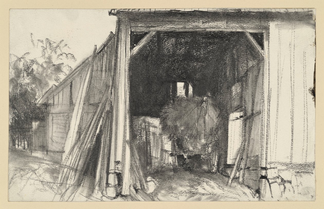 Een open schuur, met daarin een met stro geladen kar door Adolph Menzel