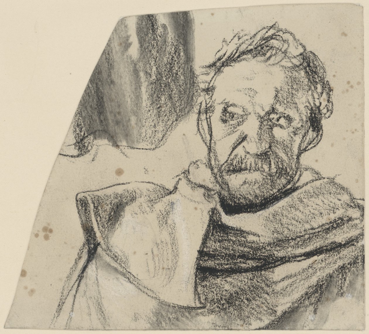 Officier in een mantel, onbedekt hoofd, borstbeeld van voren. Studie voor het onvoltooide schilderij ‘Toespraak van Frederik II tot zijn generaals vóór de Slag bij Leuthen’ door Adolph Menzel