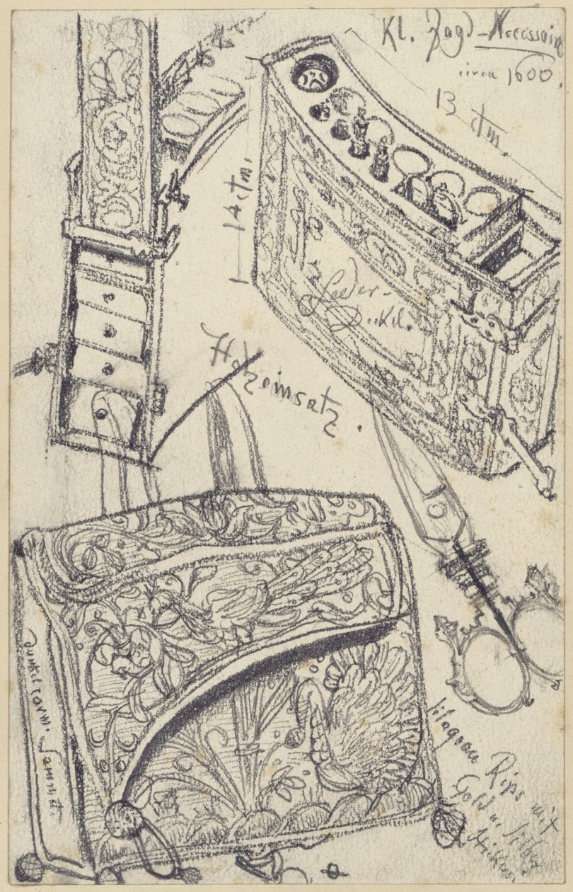 Patronentas met reisapotheek, behorend bij het jachtzadel van keurvorst Johann Georg I van Saksen uit het jaar 1618, Historisch Museum, Dresden door Adolph Menzel