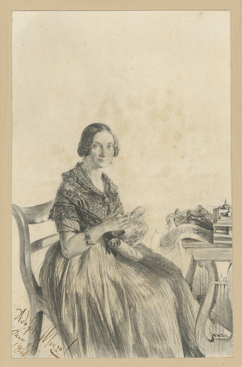 Pauline Martini, geboren Dambke, zittend aan tafel, met haar blik op de toeschouwer gericht door Adolph Menzel
