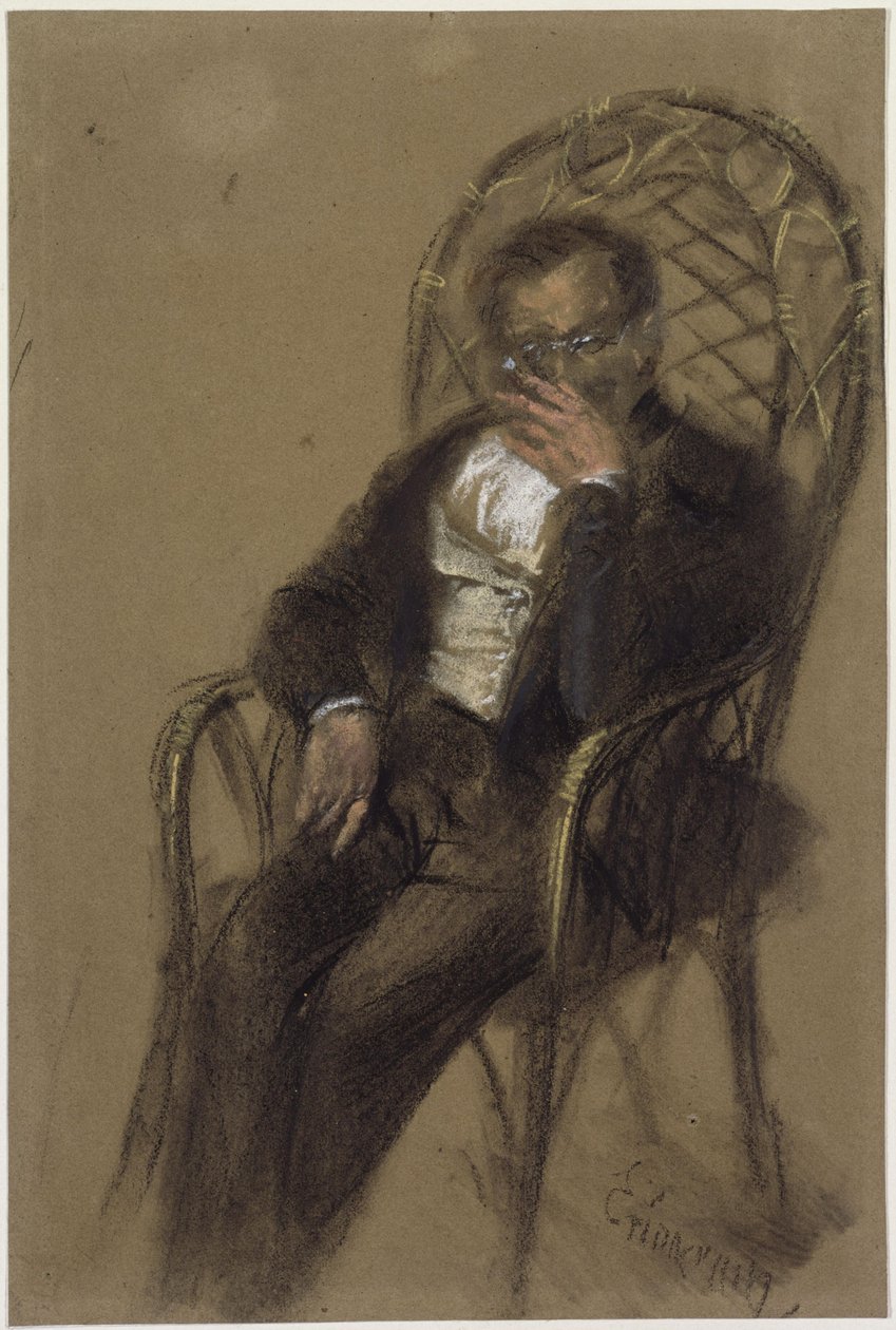 Een rokende man met een bril, zittend in een rieten stoel door Adolph Menzel
