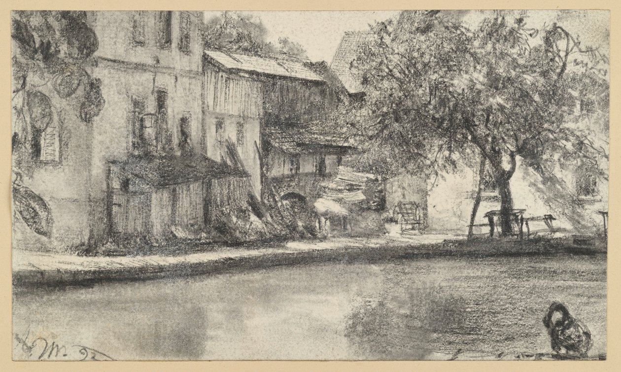 Achterzijde van een huizenrij en boom aan het water door Adolph Menzel
