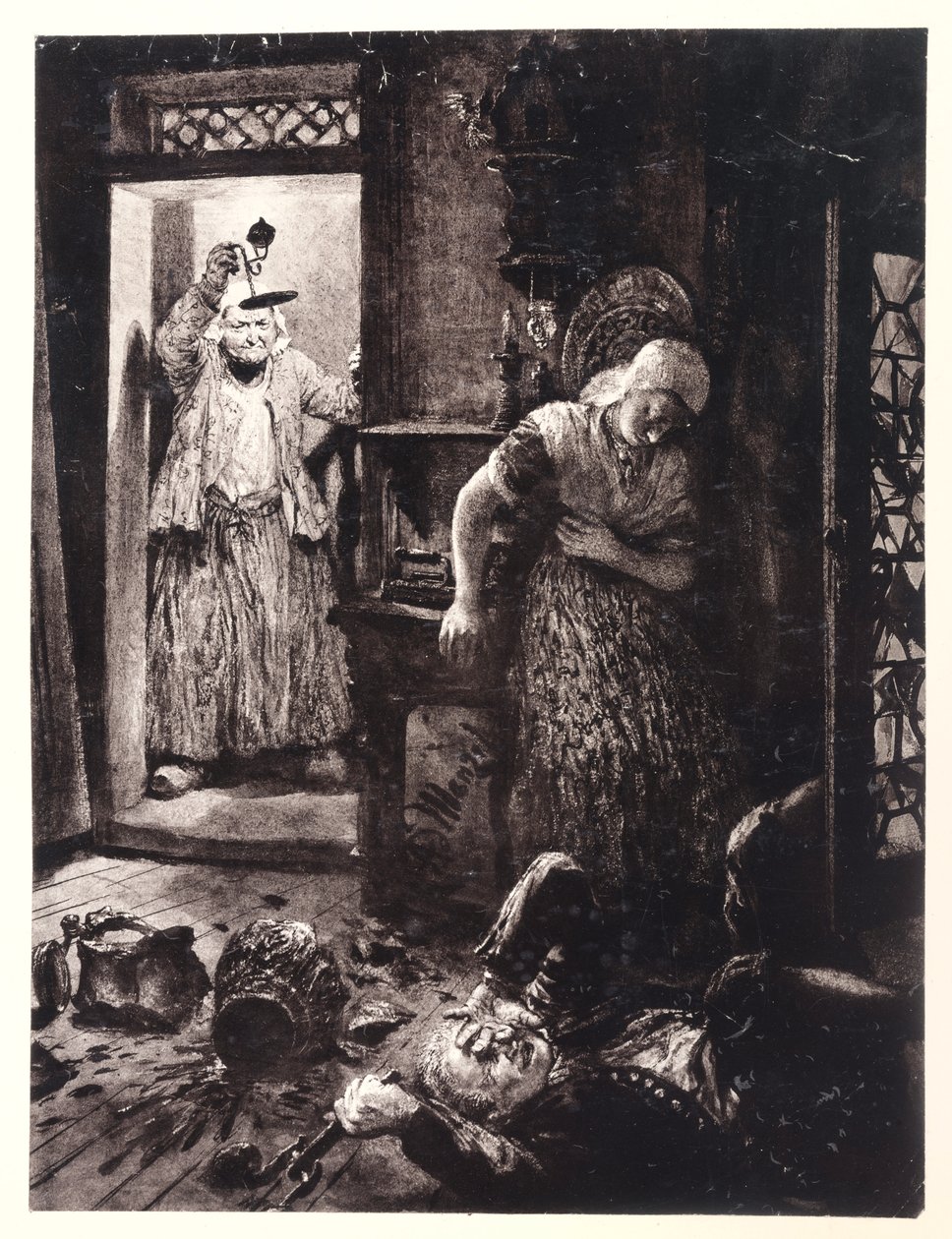 Ruprecht ligt op de vloer in Eva’s kamer, met de deurklink nog in zijn hand. Marthe komt met de lamp aan; naar Heinrich von Kleist, „De gebroken kruik“ door Adolph Menzel