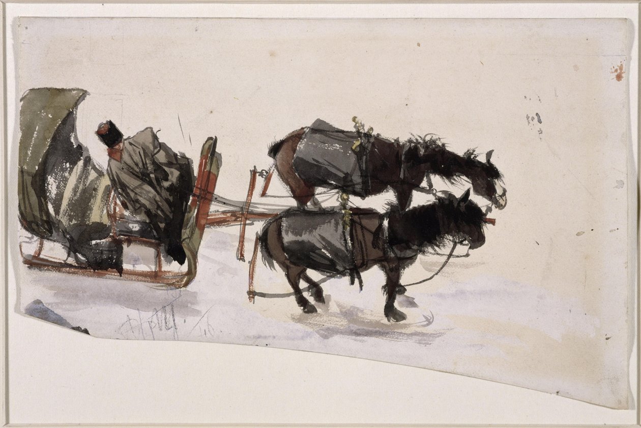Sledespan met twee paarden en koetsier, van boven gezien door Adolph Menzel