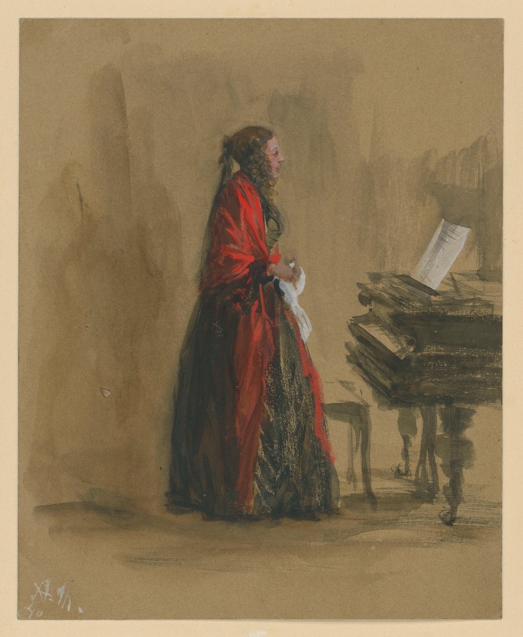 Zingende vrouw, staand bij een vleugel, in profiel naar rechts door Adolph Menzel