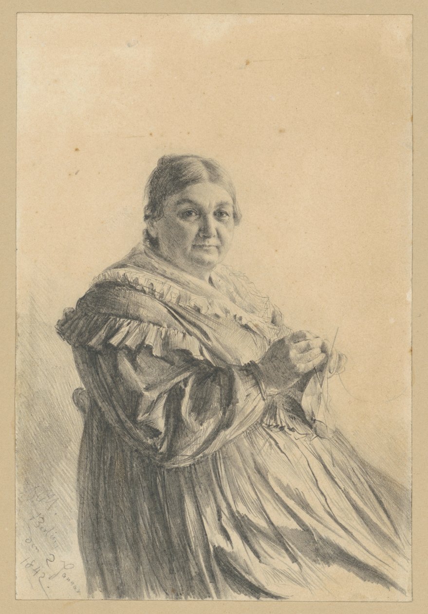 Zittende oudere vrouw met een gebreide kous door Adolph Menzel