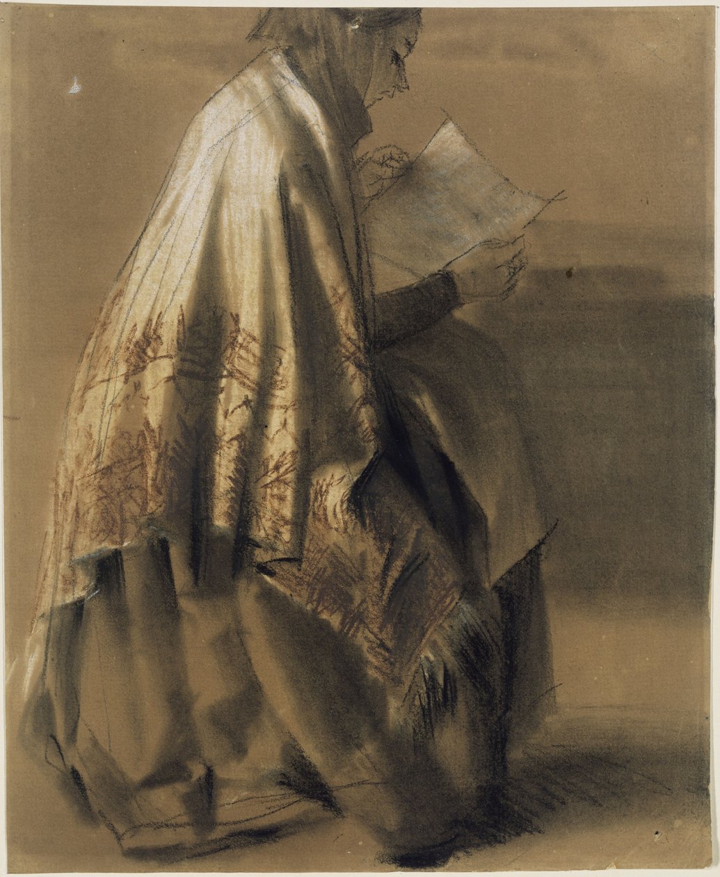 Zittende, lezende vrouw in een wijde omslagdoek door Adolph Menzel