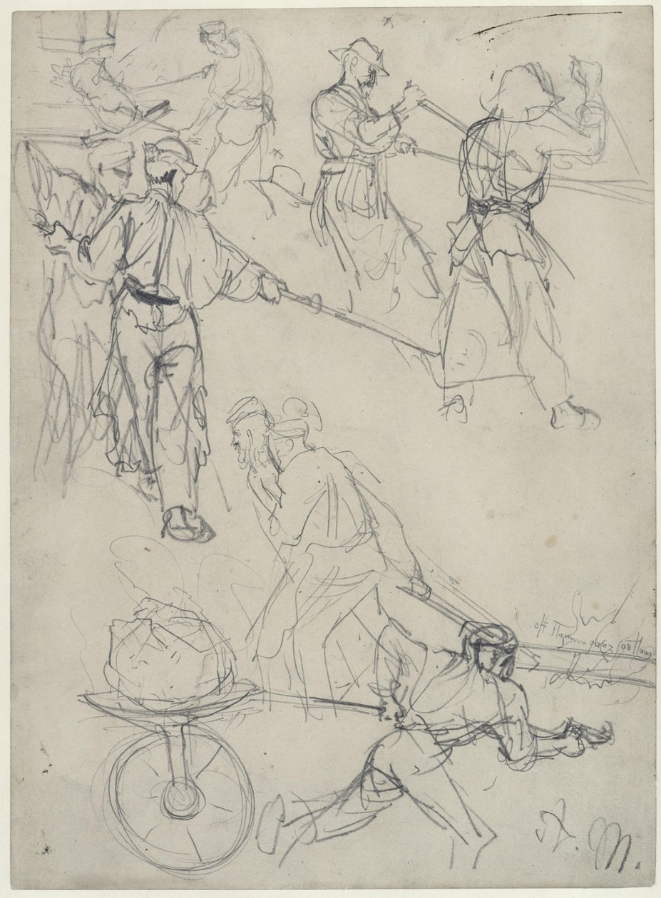 Schetsen van arbeiders bij verschillende werkzaamheden in de walserij. Studie voor „De ijzerwalserij. Moderne cyclopen“ door Adolph Menzel