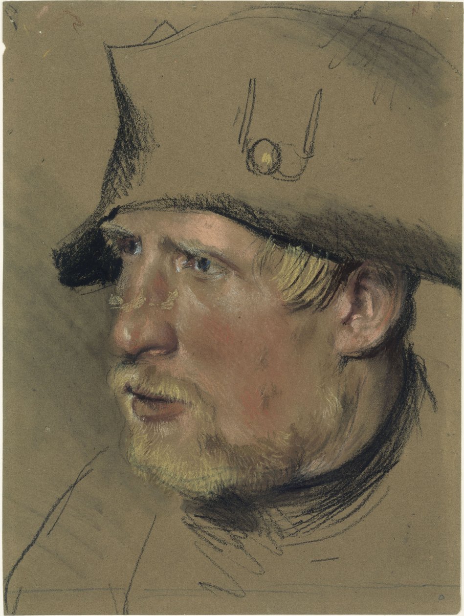 Soldaat met blonde snor en sik in een driekantige steek, kopstudie door Adolph Menzel