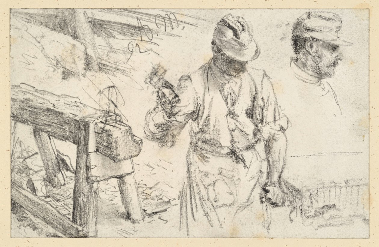 Steenhouwer aan het werk, werkplaatsbok en details door Adolph Menzel