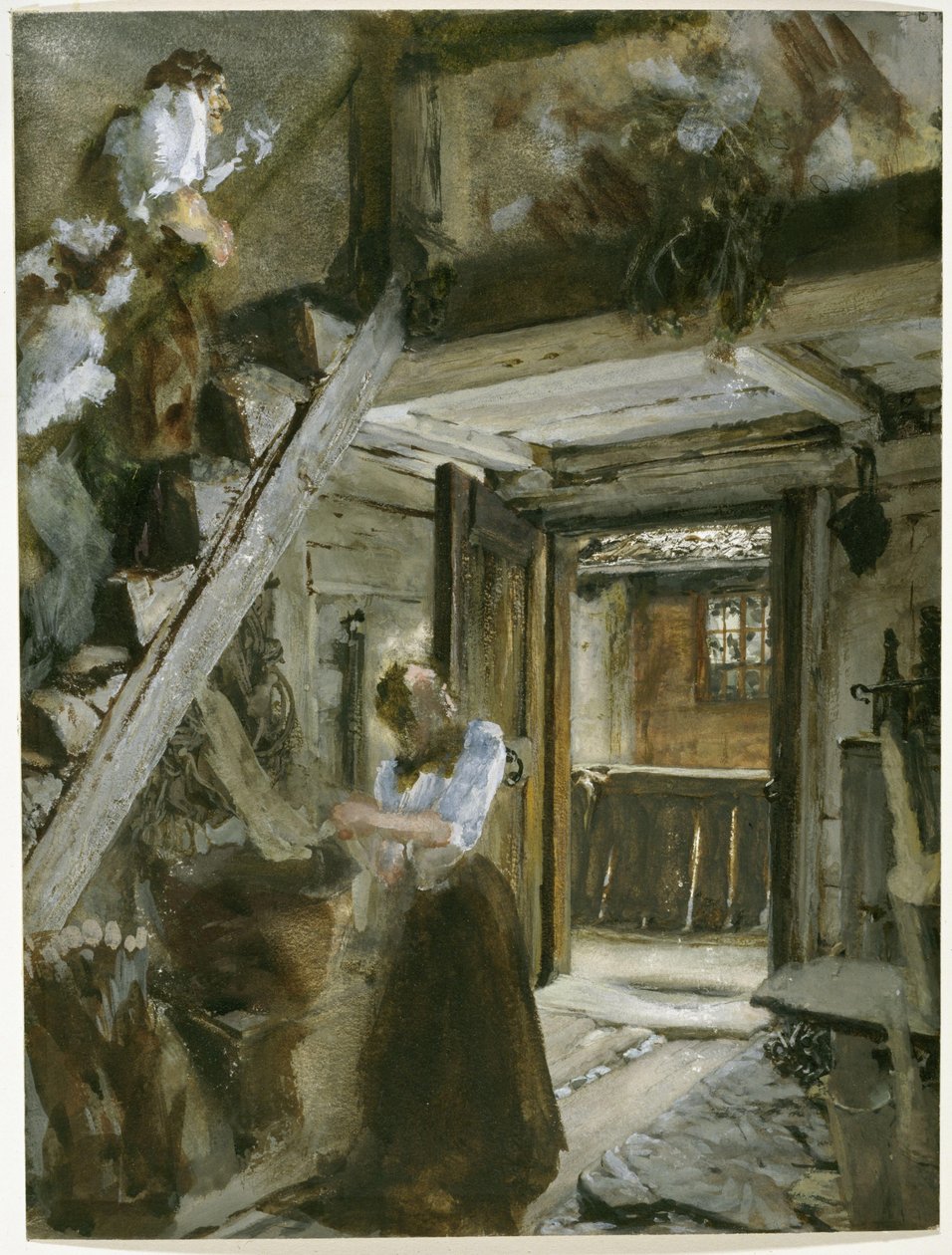 Trap in een boerderij met figuratieve versieringen door Adolph Menzel