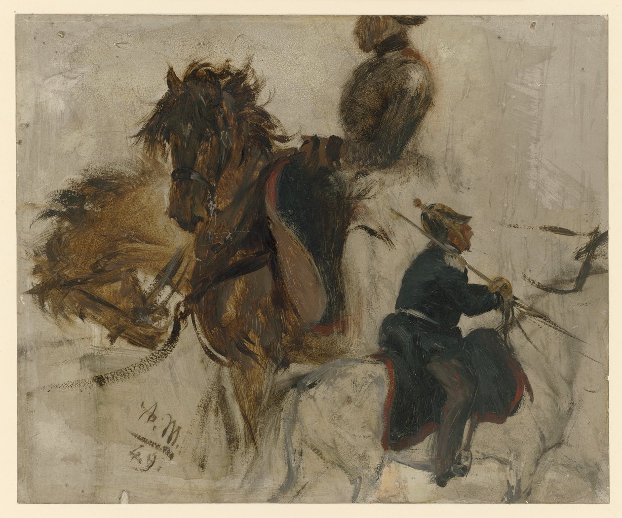 Studie met rijdende soldaat en paardenkoppen door Adolph Menzel