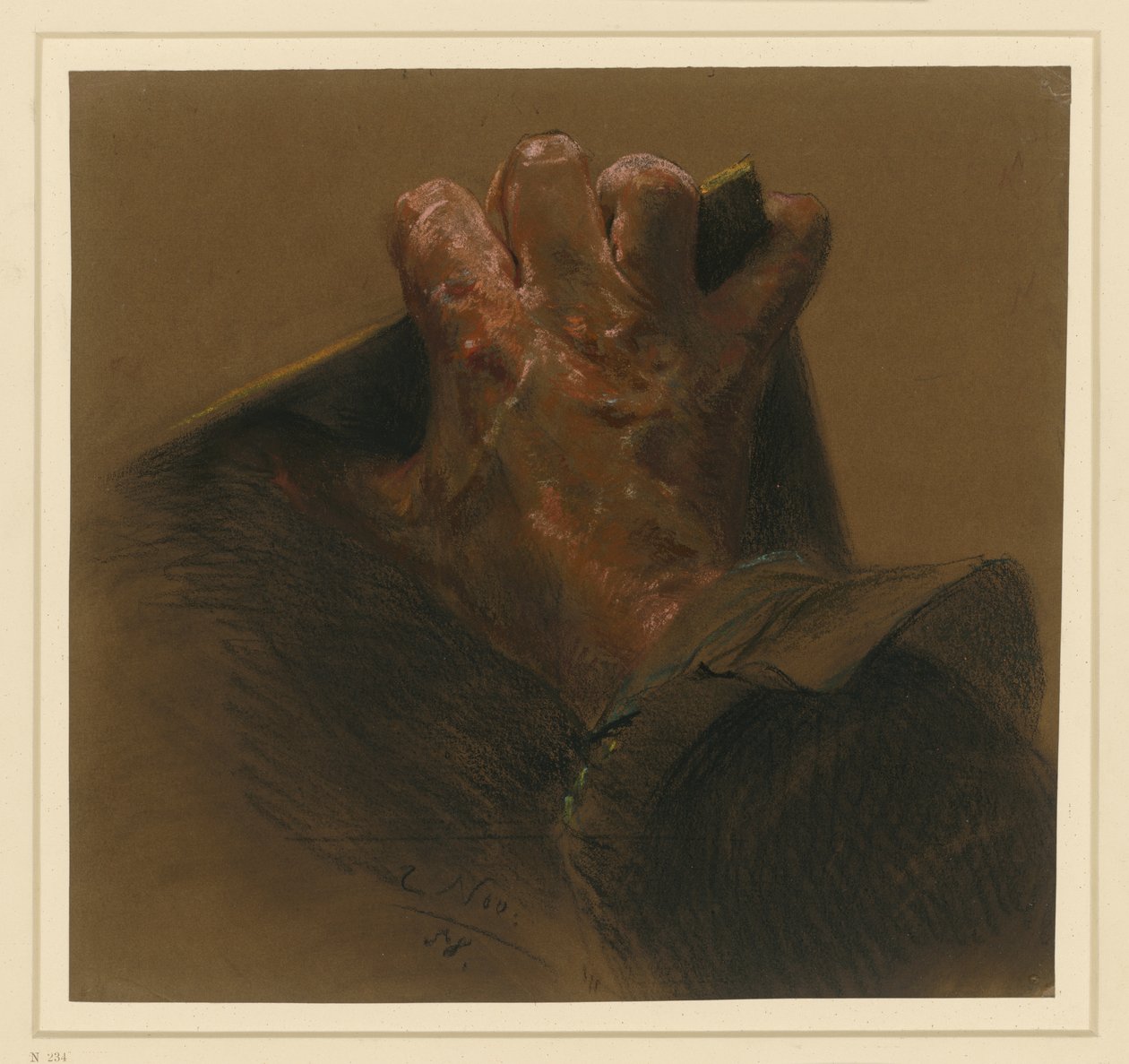 Studie naar een mannelijke rechterhand die over de randen van een plaat grijpt door Adolph Menzel
