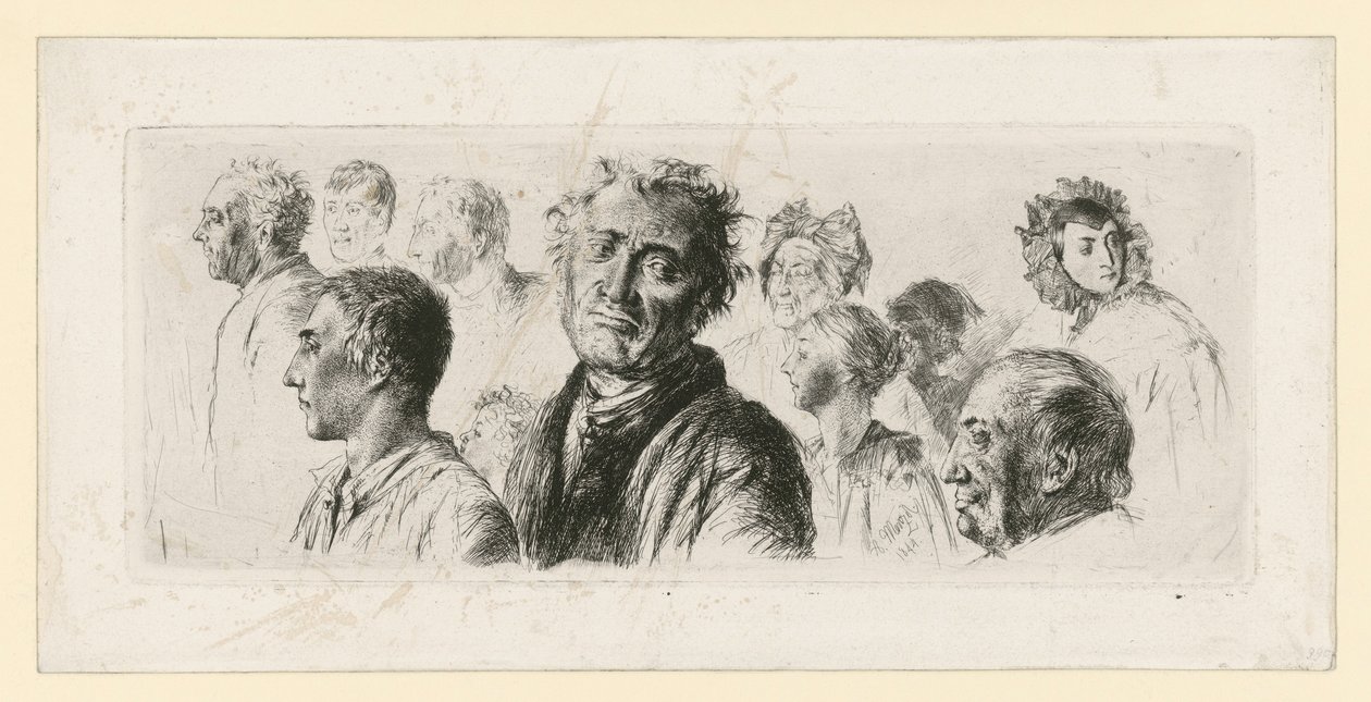 Schets uit het gekkenhuis. Tien hoofden, meestal naar links gekeerd door Adolph Menzel