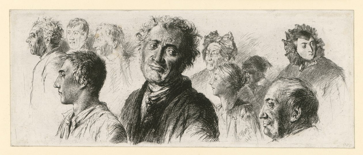 Schetsen uit het gekkenhuis. Tien hoofden, meestal naar links door Adolph Menzel