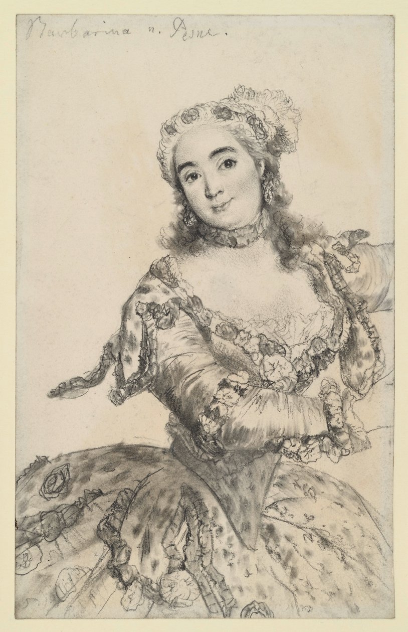 Danseres Barbarina in dansende beweging. Portret tot de knieën en face. Kopie naar Pesne in Sanssouci. door Adolph Menzel