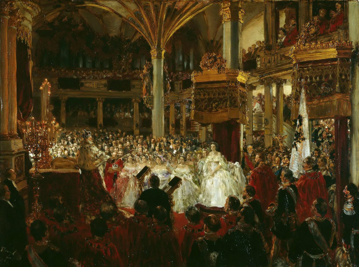 De kroning van Willem I als koning van Pruisen in het kasteel van Königsberg door Adolph Menzel